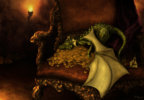 Petit dragon sur un lit de pièces d'or dort profondément dans la lueur ocre des torches et l'humidité d'une grotte aux trésors. C'est un joyau d'olivine sur un trône